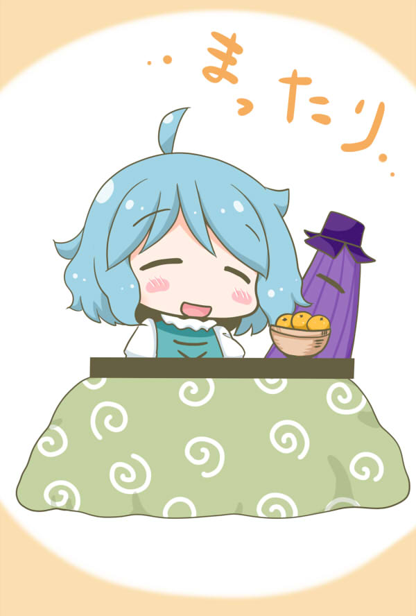 1girl, ^_^, ahoge, blue_hair, closed_eyes, commentary_request, karakasa_obake, kotatsu