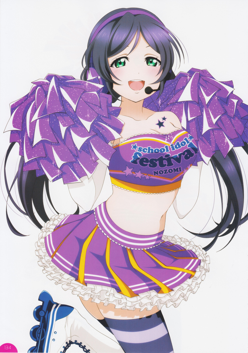 big_breasts, blush, cheerleader, green_eyes, headphones, long_hair, love_live!_school_idol_project, low_twintails