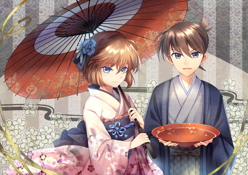 >:d, 1boy, 1girl, :d, bisonbison, black_eyes, blue_eyes, brown_hair