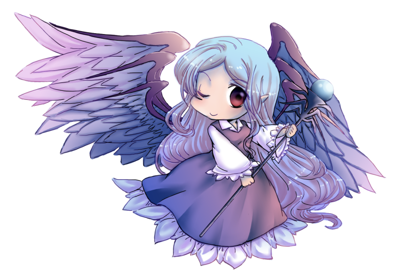 angel_wings, chibi, mad-tuna, one_eye_closed, red_eyes, sariel, silver_hair, staff, touhou, touhou_(pc-98), wings