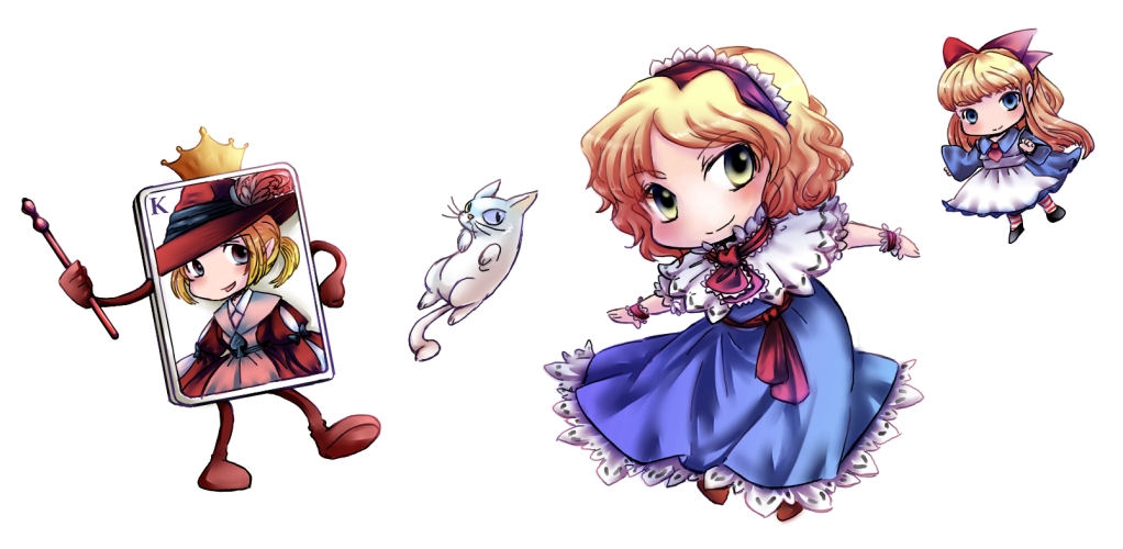 alice_margatroid, blonde_hair, blue_eyes, bow, capelet, card, cat, green_eyes, hair_bow, hairband, mad-tuna, playing_card, shanghai_doll, striped, striped_legwear, touhou, touhou_(pc-98)