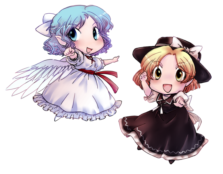 angel_wings, black_hat, blonde_hair, blue_eyes, blue_hair, fist_pump, hair_ribbon, hat, looking_at_viewer, mad-tuna, mai_(touhou), pointing, pointing_at_viewer, pointy_ears, ribbon, touhou, touhou_(pc-98), wings, yellow_eyes, yuki_(touhou)