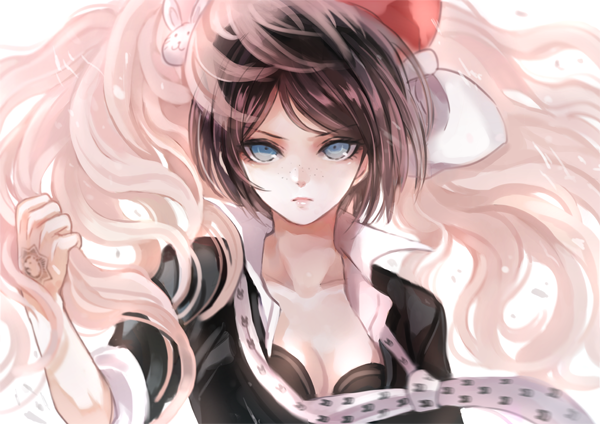 1girl, black_bra, black_hair, blue_eyes, bow, bra, breasts, bunny_hair_ornament