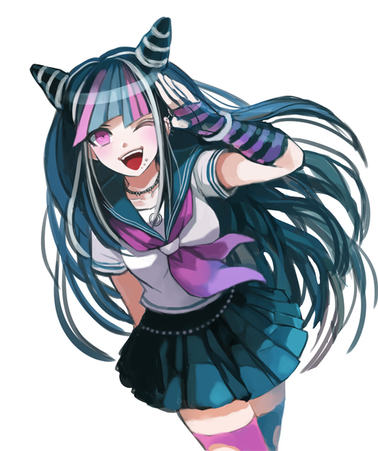 1girl, ;d, black_hair, black_skirt, blue_hair, blush, chiko_(d04099), dangan_ronpa