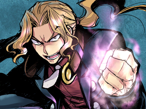 1boy, ascot, aura, blonde_hair, brown_eyes, energy_ball, glowing, high_collar, jacket, open_mouth, phantom_brave, ponytail, raised_fist, solo, walnut_(phantom_brave), watarizora_tsubamemaru