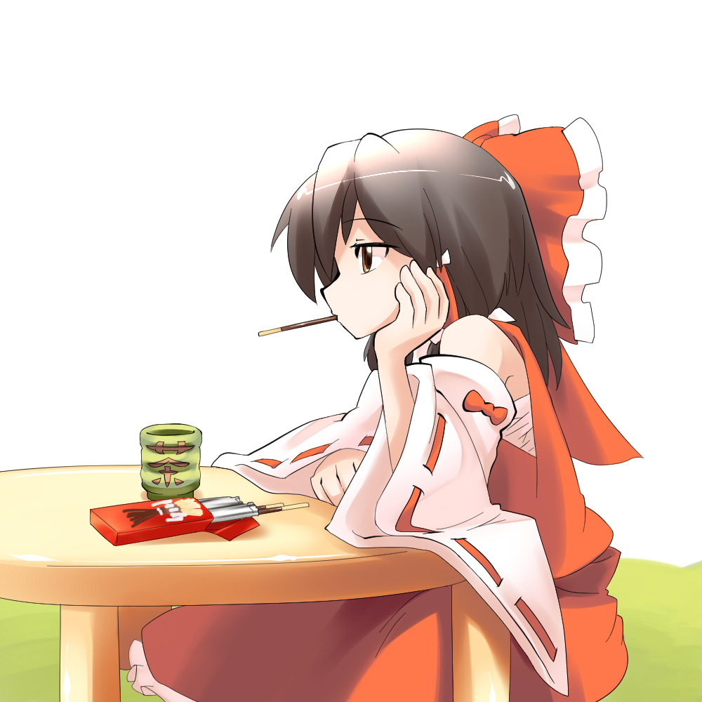 1girl, b-q, bow, brown_eyes, brown_hair, chin_rest, cup, detached_sleeves, hair_bow, hair_tubes, hakurei_reimu, long_hair, pocky, ribbon, sarashi, solo, table, teacup, touhou
