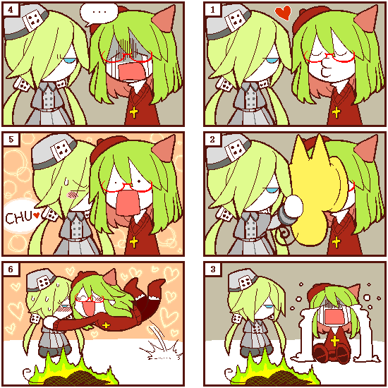 2girls, 4koma, blonde_hair, blue_eyes, blush, comic, crying, demon_girl, female, froze_(haiiro_teien), glasses, glomp, green_hair, haiiro_teien, heart, horns, hug, kiss, mogeko_(mogeko_castle), mogeko_(okegom), mogeko_castle, multiple_4koma, multiple_girls, on_fire, silent_comic, streaming_tears, tears, tsundere, twintails, yosafire, yuri