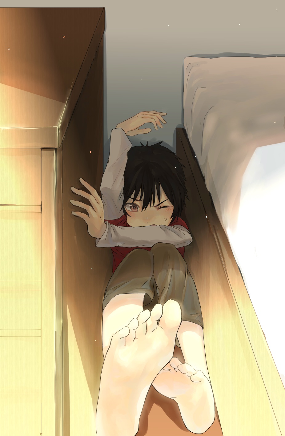1boy, bed, big_hero_6, black_hair, disney, highres, hiro_takachiho, ore_suzuki, short_hair, solo, stuck
