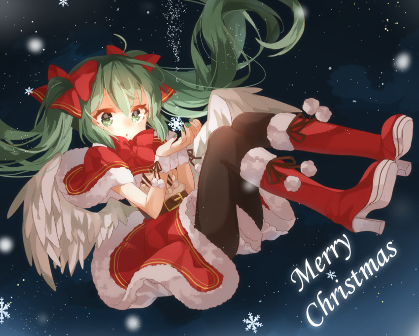 1girl, belt, black_legwear, boots, christmas, green_eyes, green_hair, hatsune_miku