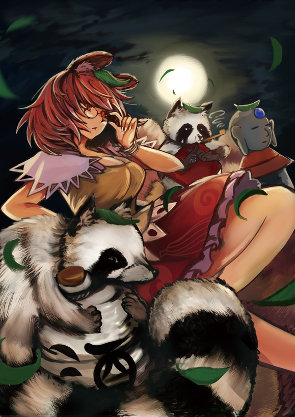 1girl, adjusting_glasses, animal_ears, breasts, brown_hair, cleavage, full_moon, futatsuiwa_mamizou