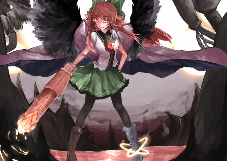 1girl, arm_cannon, bird_wings, black_legwear, boots, bow, breasts, brown_hair