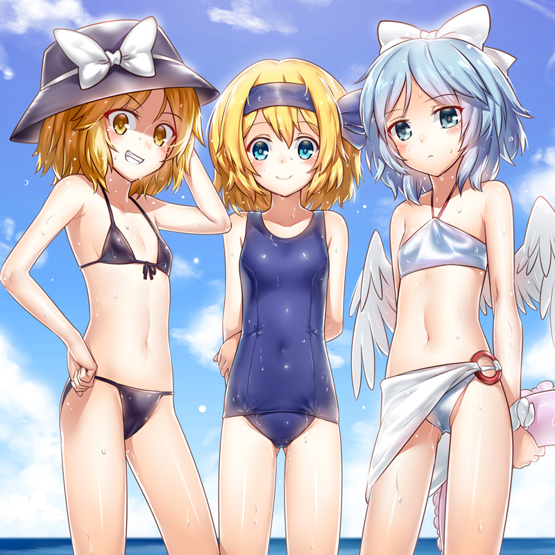 3girls, alice_margatroid, alice_margatroid_(pc-98), blue_eyes, blue_hair, bobomaster, dripping, hairband, hat, mai_(touhou), multiple_girls, smile, swimsuit, touhou, touhou_(pc-98), water, wings, yuki_(touhou)