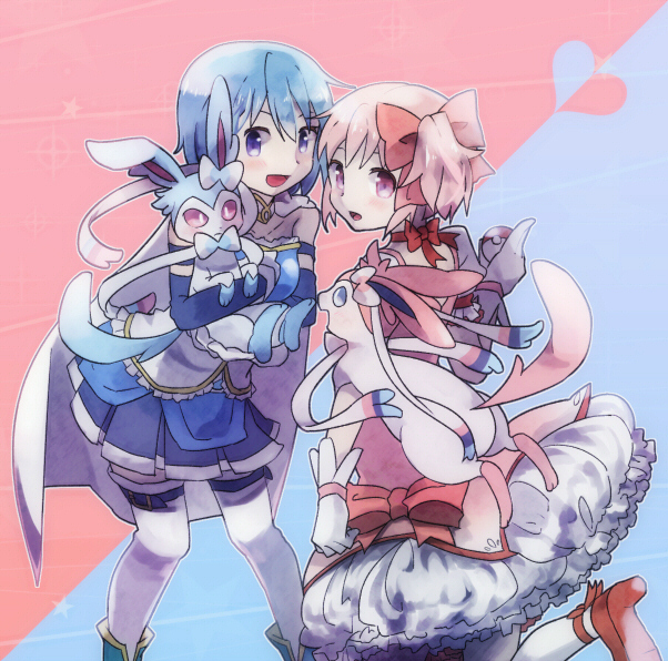 2girls, alternate_color, armband, blue_eyes, blue_hair, bow, cape, crossover, gloves, hair_bow, kaname_madoka, kirikuchi_riku, magical_girl, mahou_shoujo_madoka_magica, miki_sayaka, multiple_girls, pink_eyes, pink_hair, poke_ball, pokemon, pokemon_(creature), shiny_pokemon, short_hair, short_twintails, sylveon, thigh-highs, twintails, zettai_ryouiki