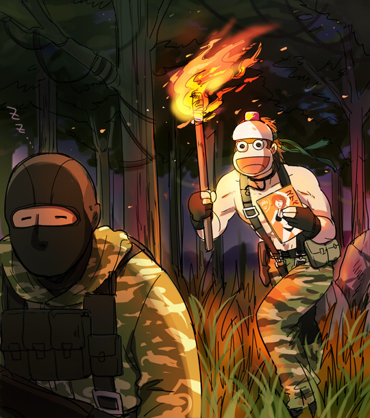 2boys, artist_request, balaclava, bandana, brown_hair, camouflage, camouflage_pants, closed_eyes