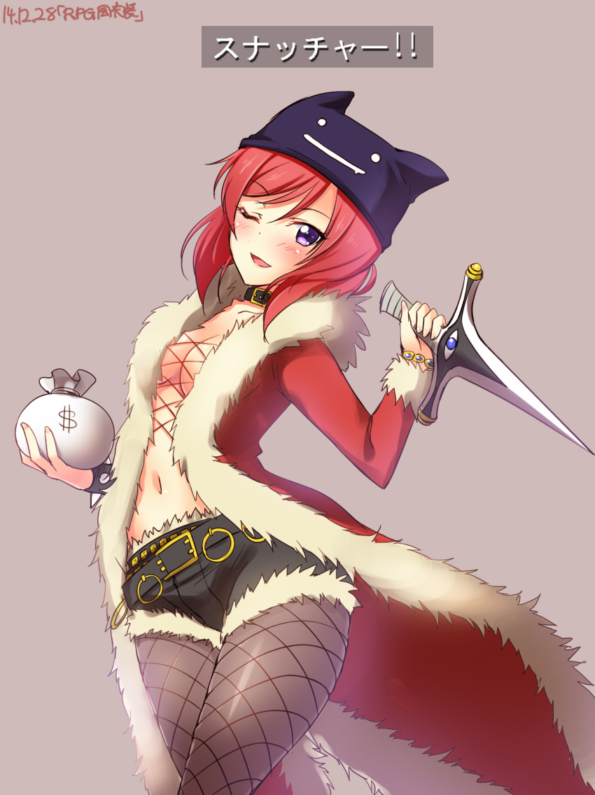 1girl, breasts, cleavage, collar, cosplay, cowboy_shot, deviruchi_hat, fishnet_pantyhose, fishnets, fur_trim, hat, highres, knife, love_live!_school_idol_project, navel, nishikino_maki, one_eye_closed, pantyhose, ragnarok_online, redhead, reverse_grip, rogue_(ragnarok_online), rogue_(ragnarok_online)_(cosplay), short_hair, short_shorts, shorts, solo, violet_eyes, yu-ta