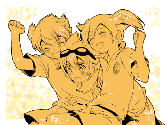 3boys, best_eleven, blush, closed_eyes, fei_rune, goggles, goggles_on_head, inazuma_eleven_(series), inazuma_eleven_choujigen_dream_match, inazuma_eleven_go, inazuma_eleven_go_chrono_stone, male_focus, matsukaze_tenma, monochrome, multiple_boys, ochi_marco, open_mouth, saryuu_evan, soccer_uniform, sportswear, sweat