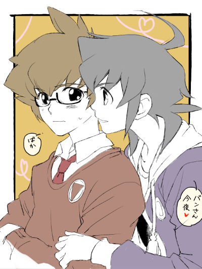 2boys, blush, brown_hair, bust, danball_senki, flat_color, glasses, grey_hair