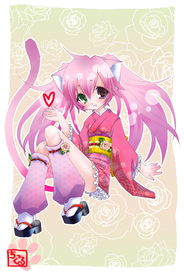 blush, chikkuru, flat_chest, green_eyes, haru, kimono, knee_highs, loli