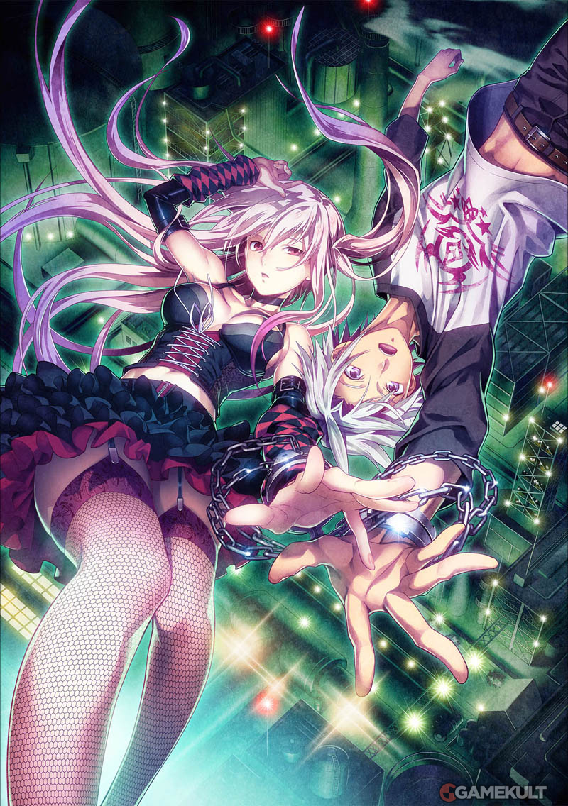 1boy, 1girl, building, cuffs, disorder_6, falling, gothic, handcuffs