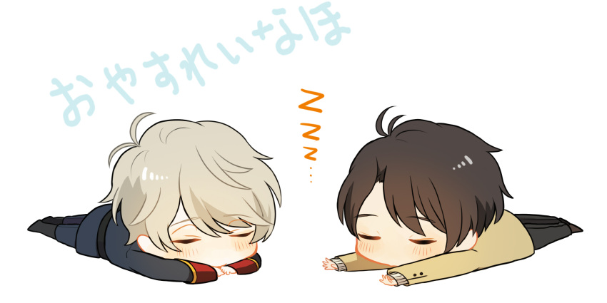 2boys, aldnoah.zero, blush, brown_hair, chibi, closed_eyes, highres, kaizuka_inaho