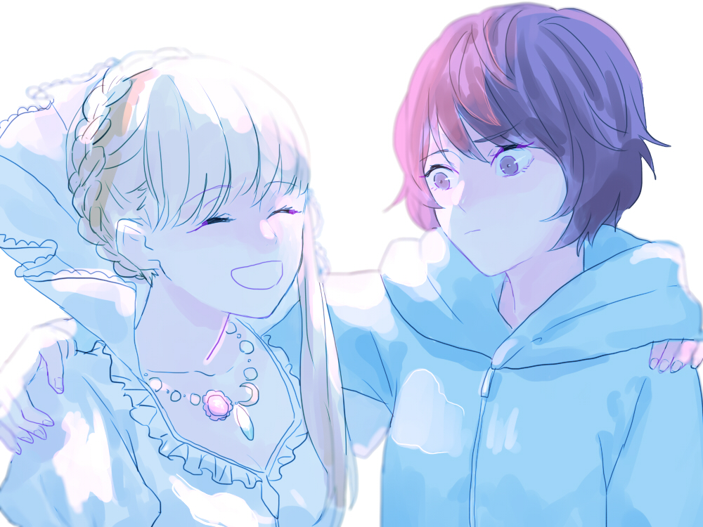 2girls, aldnoah.zero, asseylum_vers_allusia, blonde_hair, closed_eyes, frown, hoodie, kurusu_awa