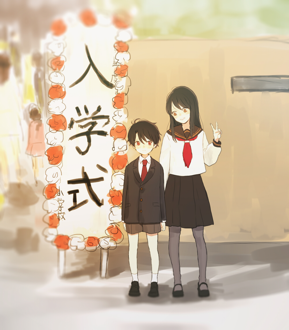 1boy, 1girl, aldnoah.zero, black_hair, blush, brother_and_sister, brown_eyes, kaizuka_inaho