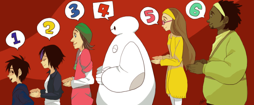 2girls, 3boys, baymax, big_hero_6, black_hair, brown_hair, chyake, disney