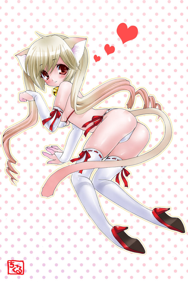 bell, bikini, blonde_hair, blush, bow, catgirl, chikkuru, gloves