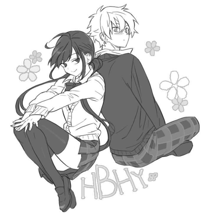 1boy, 1girl, amamiya_hibiya, asahina_hiyori, blush, kagerou_project, kangmoro, long_hair