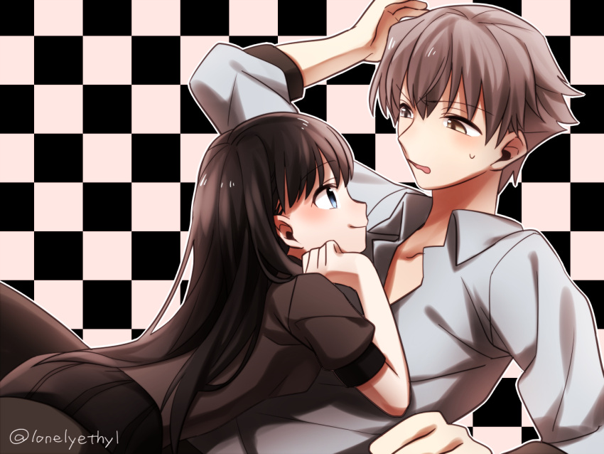 1boy, 1girl, black_hair, blue_eyes, brown_eyes, grey_hair, kamemura_mitsuru, kara_no_kyoukai