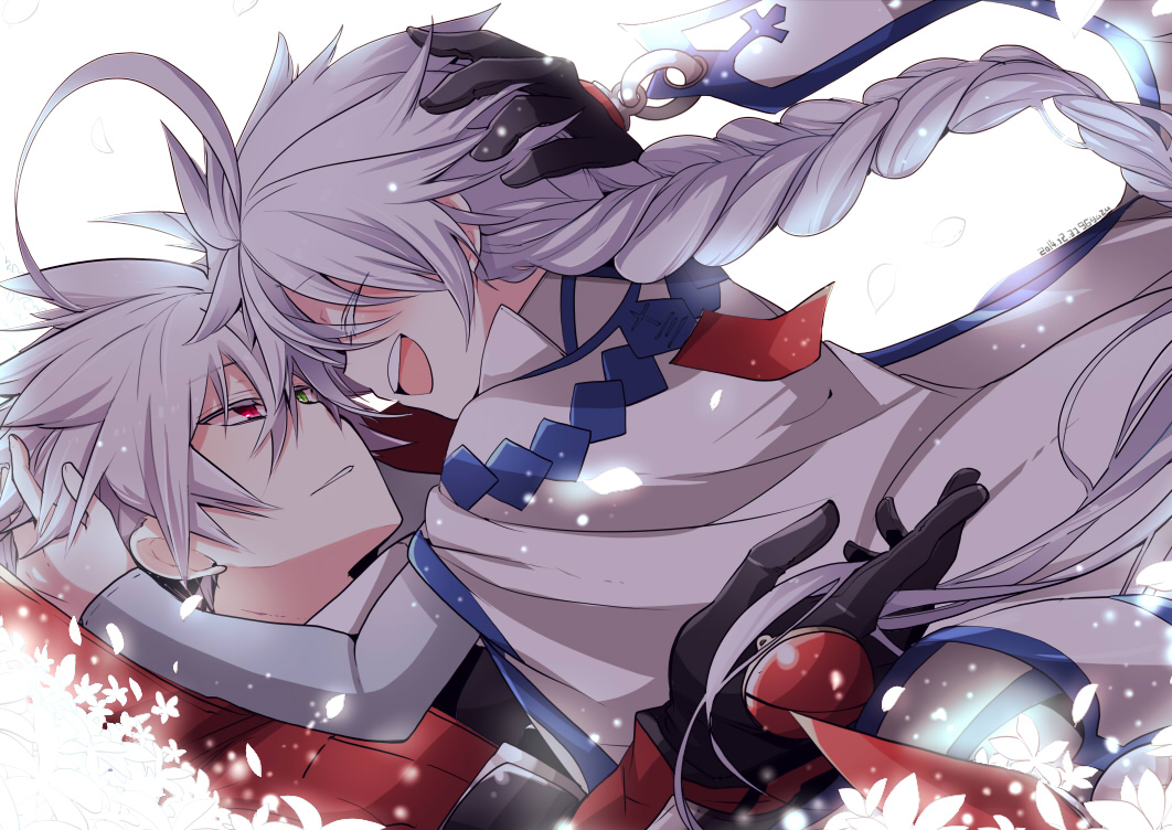 1boy, 1girl, ahoge, blazblue, bodysuit, braid, cape, gloves