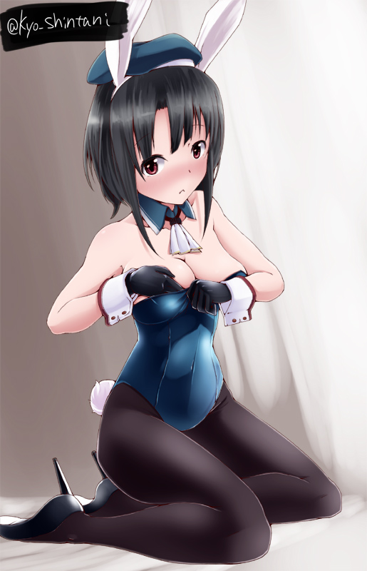 1girl, animal_ears, ascot, black_hair, bunny_tail, bunnysuit, detached_collar, female