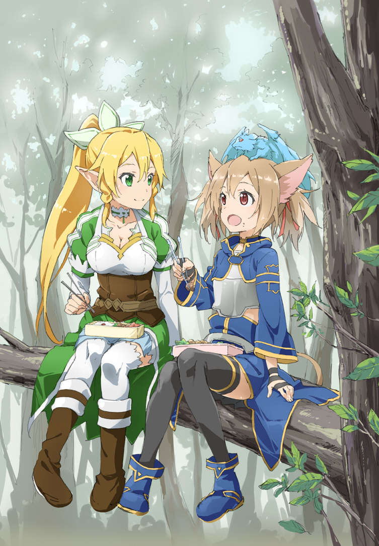 2girls, animal_ears, animal_on_head, blonde_hair, braid, brown_hair, cat_ears, delf