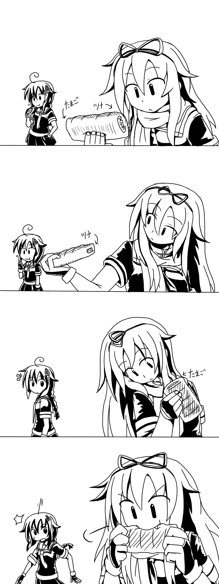 2girls, 4koma, :<, ahoge, braid, comic, commentary_request, eating, expressive_hair, fang, fingerless_gloves, food, gloves, hair_flaps, hair_ribbon, highres, kantai_collection, long_hair, monochrome, multiple_girls, necktie, pleated_skirt, ribbon, scarf, school_uniform, serafuku, shigure_(kantai_collection), single_braid, skirt, taiyaki, to-siro, translated, wagashi, yuudachi_(kantai_collection)