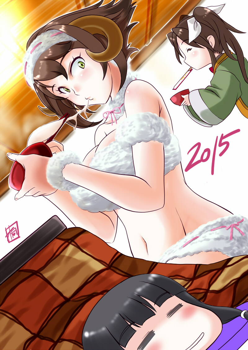 3girls, alternate_costume, bare_arms, bare_shoulders, black_hair, brown_hair, closed_eyes, deformed