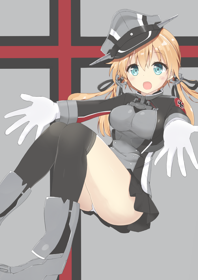 1girl, :o, anchor_hair_ornament, black_legwear, black_skirt, blonde_hair, blue_eyes, blush, boots, gloves, hat, iron_cross, kantai_collection, knees_together_feet_apart, looking_at_viewer, lotus_flower, microskirt, military, military_hat, military_uniform, open_mouth, outstretched_arms, panties, pantyshot, peaked_cap, pleated_skirt, prinz_eugen_(kantai_collection), skirt, solo, thigh-highs, twintails, underwear, uniform, white_gloves, white_panties