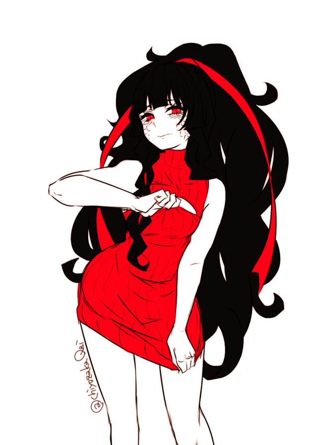 1girl, azami_(kagerou_project), black_hair, chiyozaka, cleavage_cutout, kagerou_project, long_hair, medusa, open-chest_sweater, red_eyes, ribbed_sweater, ribbon, scales, sweater, turtleneck, very_long_hair
