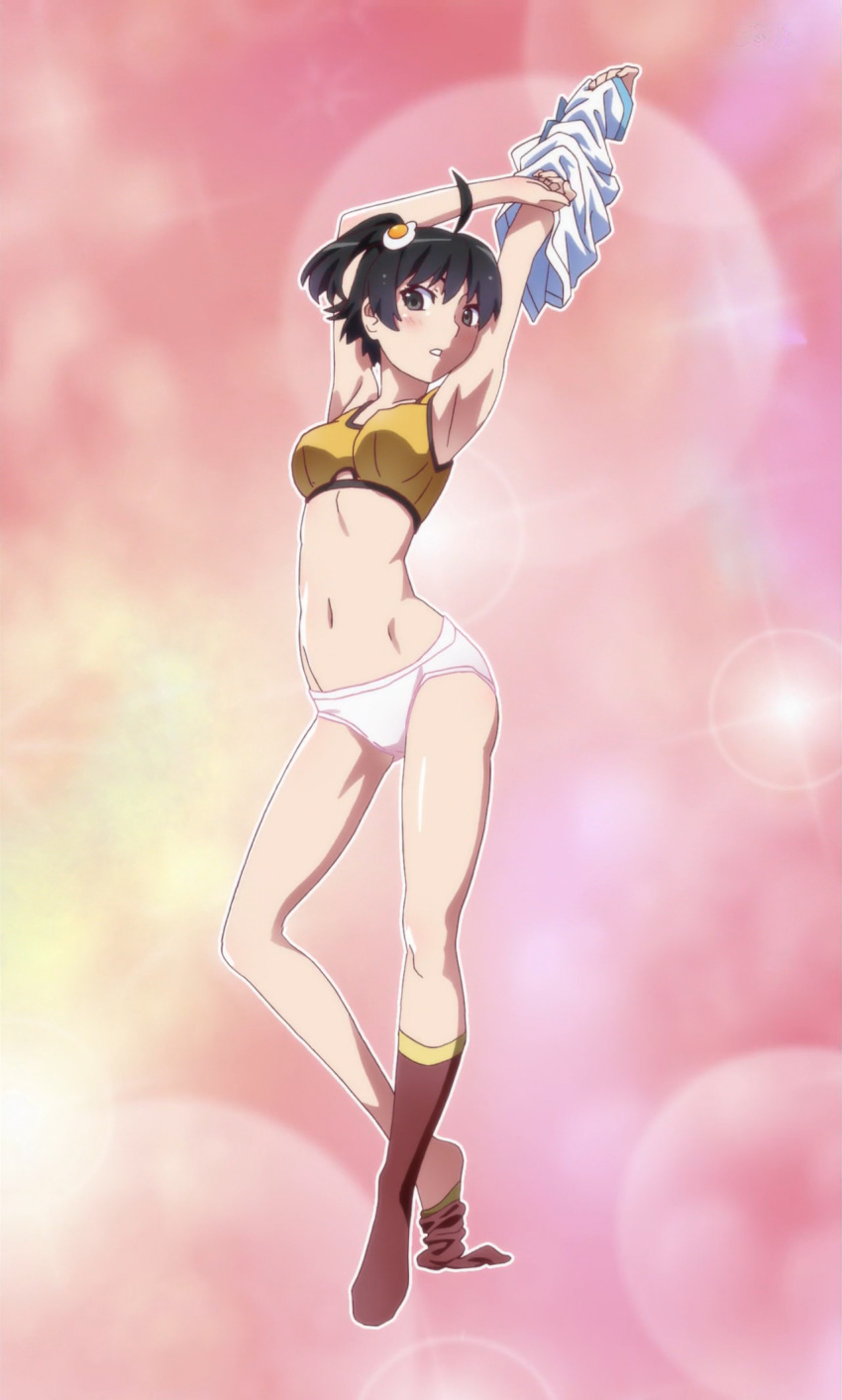 araragi_karen, bakemonogatari, black_hair, highres, monogatari, nisemonogatari, screencap, short_hair, socks, sports_bra, stitched, sunrise_(company), tomboy, underwear