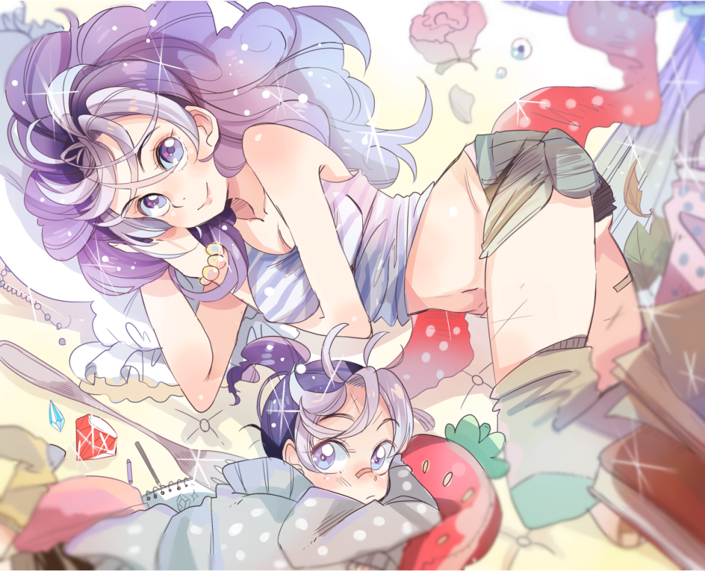 age_comparison, dual_persona, long_hair, multicolored_hair, purple_hair, ran_to_haiiro_no_sekai, sunameri_oishii, uruma_ran