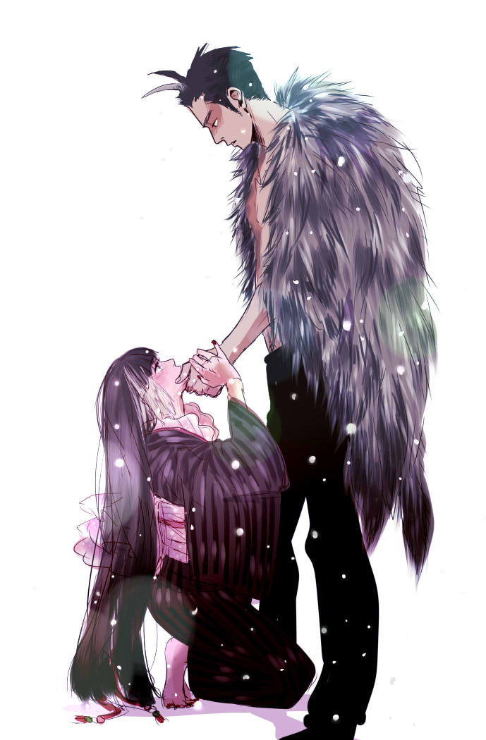 1boy, 1girl, black_hair, fur_cape, gradient_hair, japanese_clothes, long_hair, ma2