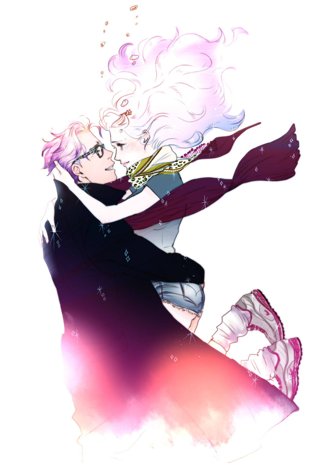 1boy, 1girl, coat, eye_contact, glasses, grin, highres, hug