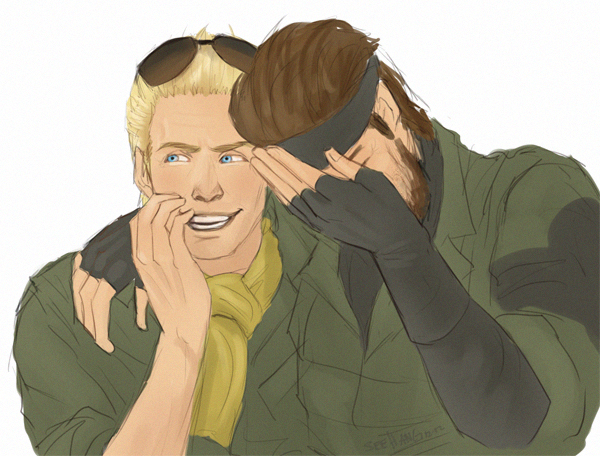 2boys, beard, big_boss, blonde_hair, blue_eyes, brown_hair, facial_hair, hand_on_own_face, kazuhira_miller, laughing, metal_gear_(series), metal_gear_solid_peace_walker, multiple_boys, see_hang, sunglasses, sunglasses_on_head