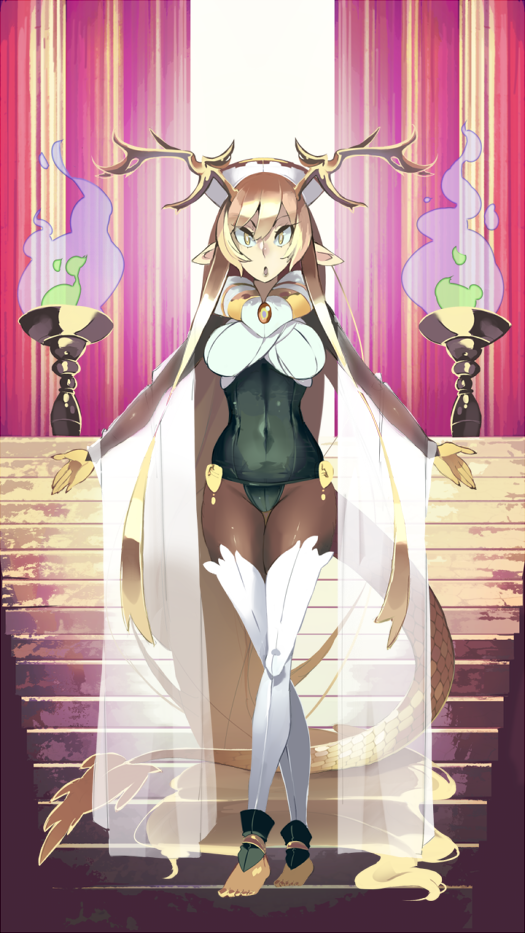 >:o, 1girl, :o, altar, antlers, barefoot, blue_fire, breasts, brown_hair, commentary_request, curvy, dragon_girl, dragon_tail, fire, full_body, horns, large_breasts, looking_at_viewer, monster_girl, navel, one-piece_swimsuit, original, pantyhose, payot, pointy_ears, skin_tight, solo, stairs, swimsuit, tail, taosym, thigh-highs, thigh_gap, torch, white_legwear