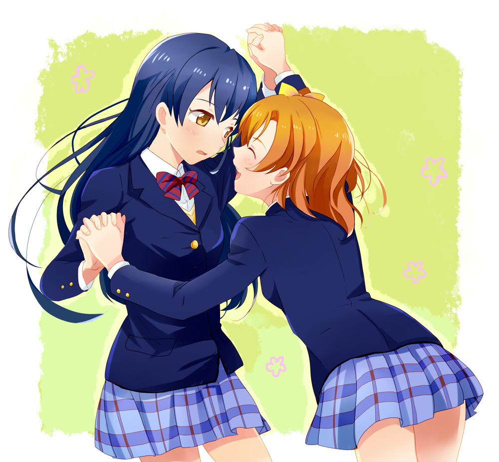 2girls, blazer, blue_hair, bow, closed_eyes, holding_hands, interlocked_fingers, kousaka_honoka