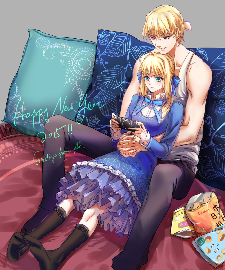 1boy, 1girl, 2015, alternate_costume, blonde_hair, blue_dress, calbee, chips