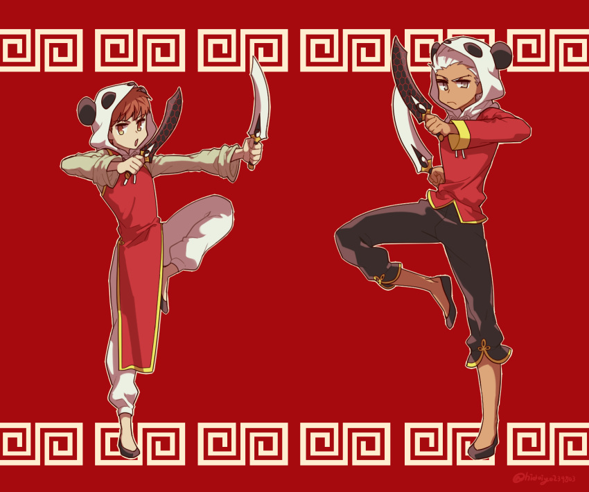 2boys, animal_hood, archer, chinese_clothes, emiya_shirou, fate/stay_night, fate_(series), highres