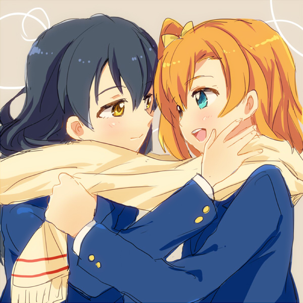 2girls, blue_eyes, blue_hair, bow, eye_contact, hair_bow, kousaka_honoka, looking_at_another