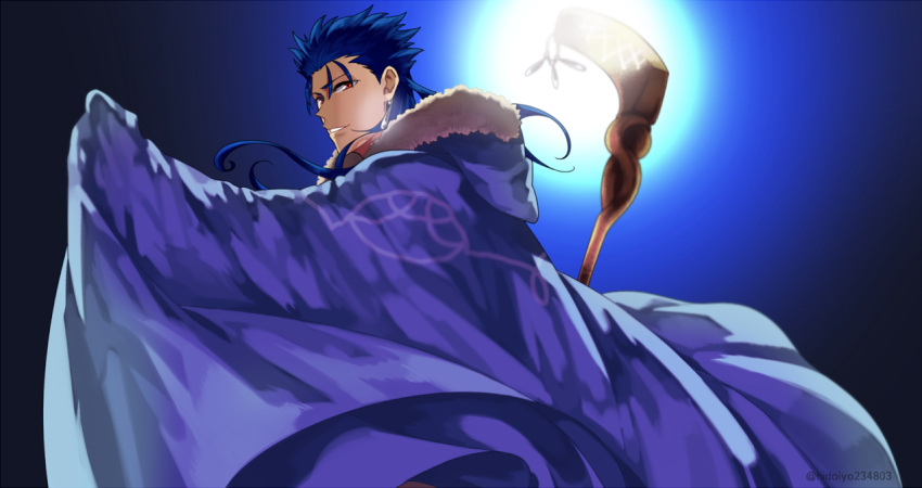 1boy, blue_hair, cape, caster_(fate/grand_order), fate/grand_order, lancer, long_hair, ponytail