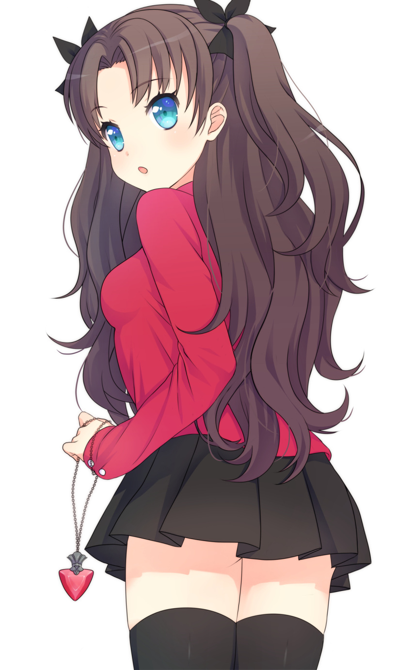 1girl, black_legwear, blue_eyes, brown_hair, fate/stay_night, fate_(series), hair_ribbon, highres, jewelry, necklace, reta_(honoka1230zero), ribbon, simple_background, skirt, solo, thighhighs, toosaka_rin, two_side_up, white_background