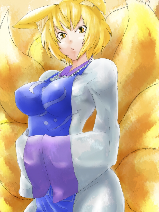 1girl, animal_ears, blonde_hair, breasts, cowboy_shot, dress, fox_ears, fox_tail